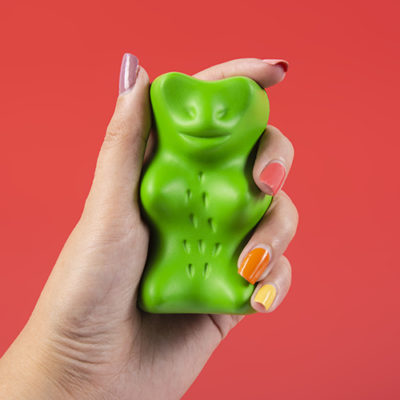 Fizz Creations HARIBO Stress Squeezer Gold Bear in hand