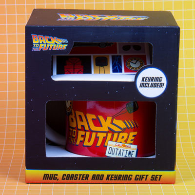 Fizz Creations BTTF Mug Coaster Keyring Set Packaging Update Front