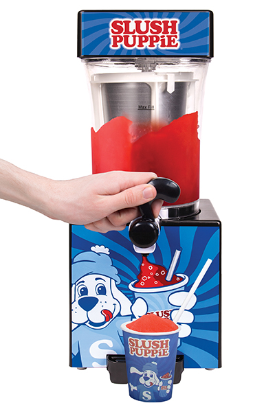 Fizz Creations SLUSH PUPPiE Machine and paper cup with hand dispensing