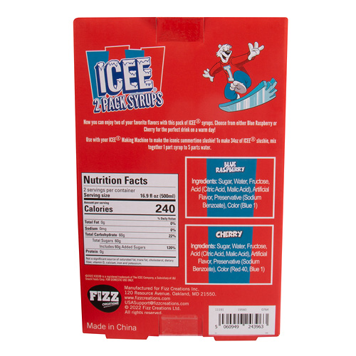 Fizz Creations ICEE Blue Raspberry  and Cherry Syrup twin pack packaging back